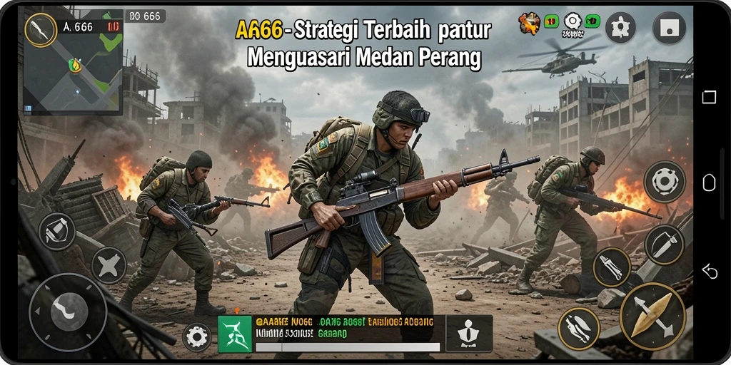Screenshot menunjukkan pertempuran intens di medan perang strategis.