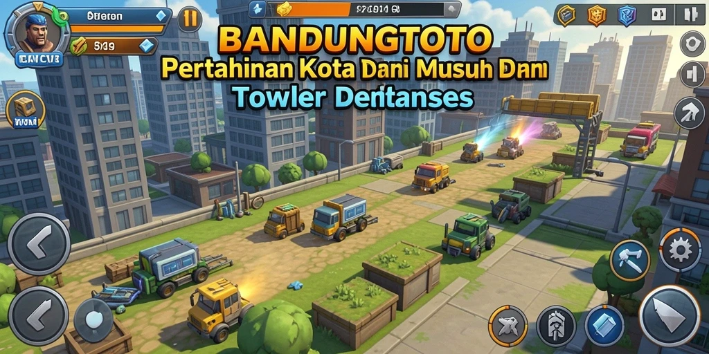 Screenshot utama BANDUNGTOTO menampilkan aksi menara bertahan melawan gelombang musuh.