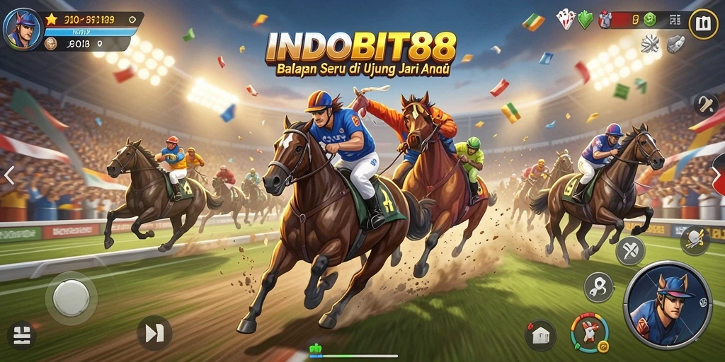 Gameplay balapan seru INDOBIT88 dengan kendaraan cepat dan grafis menawan.