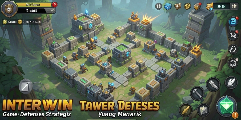 Screenshot utama INTERWIN menampilkan aksi menara melawan musuh yang beragam.