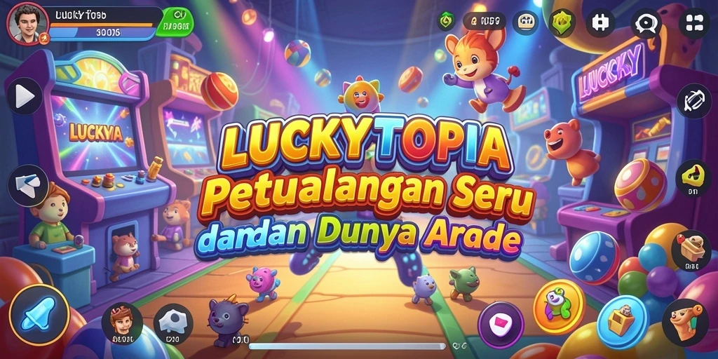 Tampilan gameplay utama LUCKYTOPIA yang menarik dan penuh warna.