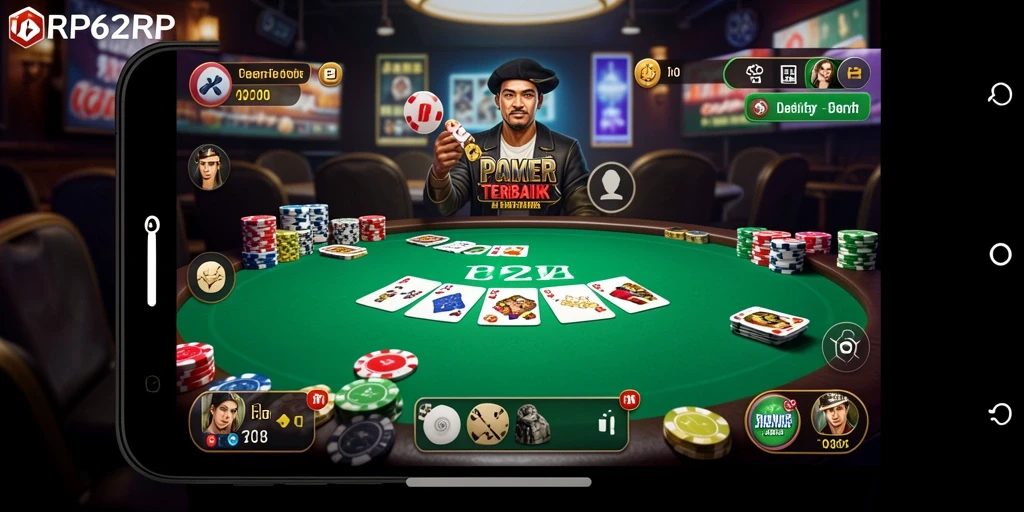 Tangkapan layar permainan Poker RP62RP menunjukkan aksi seru di meja.