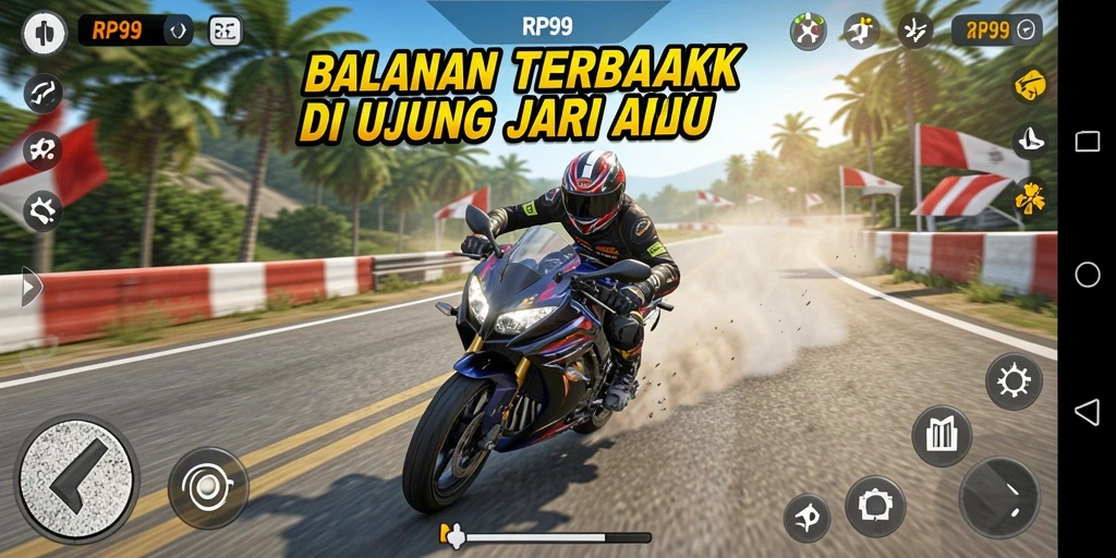 Gameplay seru dan dramatis dalam RP99 balapan motor.