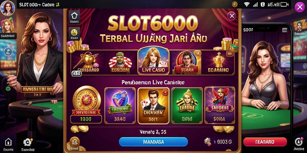 Screenshot utama SLOT6000 menampilkan dealer profesional di meja permainan Live Casino.